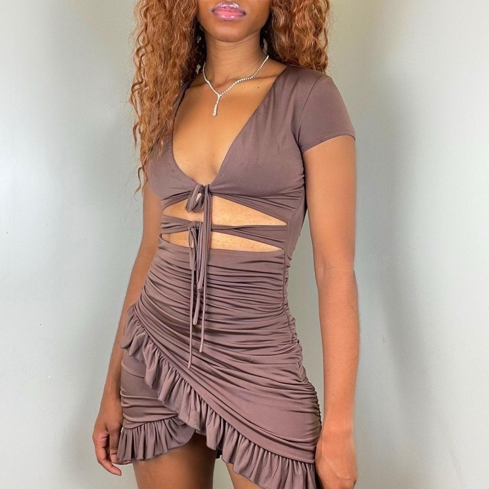 Cut Out Ruffle Ruched Bodycon Mini Short Sleeve Tie Front Wrap Dress